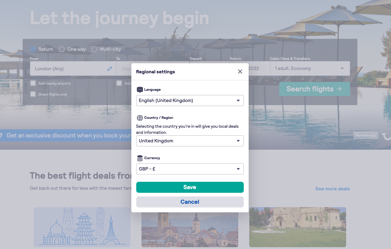 The culture selector on the Skyscanner website