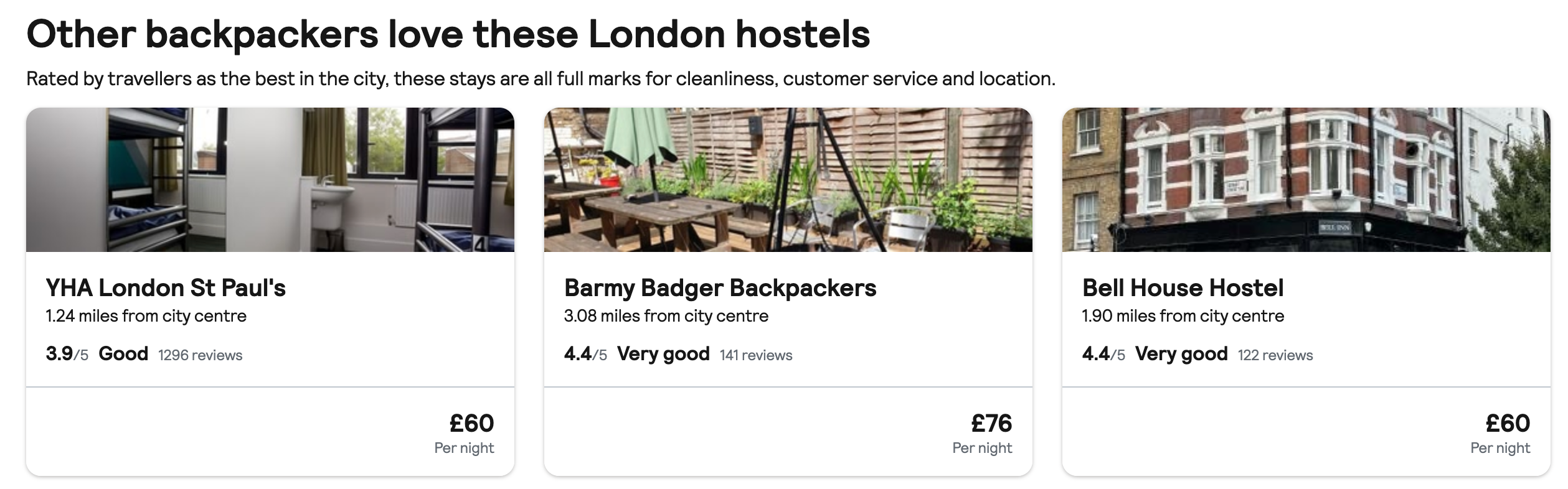 Accommodation types overview with indicative prices