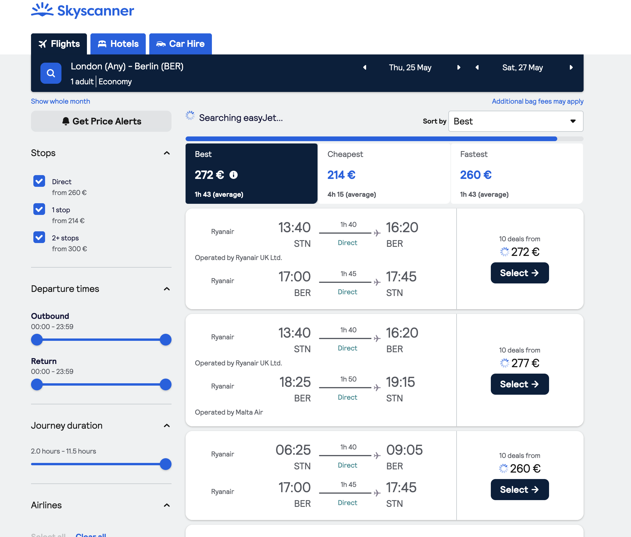 Skyscanner flight search page