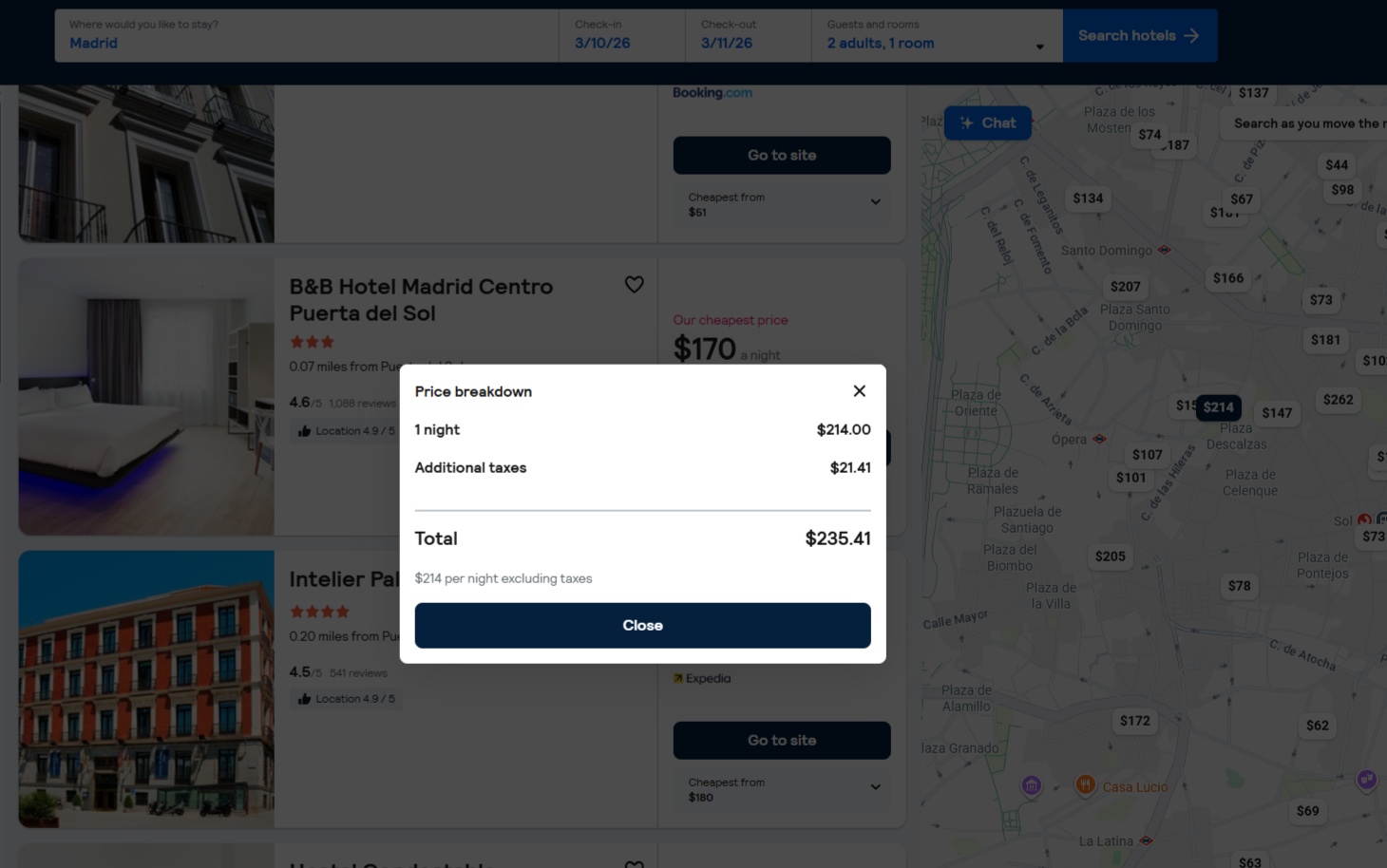 Madrid hotel price breakdown showing taxes displayed separately