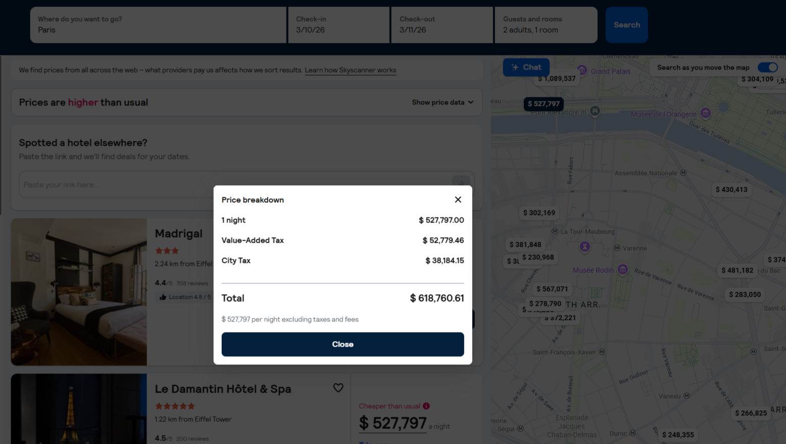 Paris hotel price breakdown showing taxes and fees displayed separately
