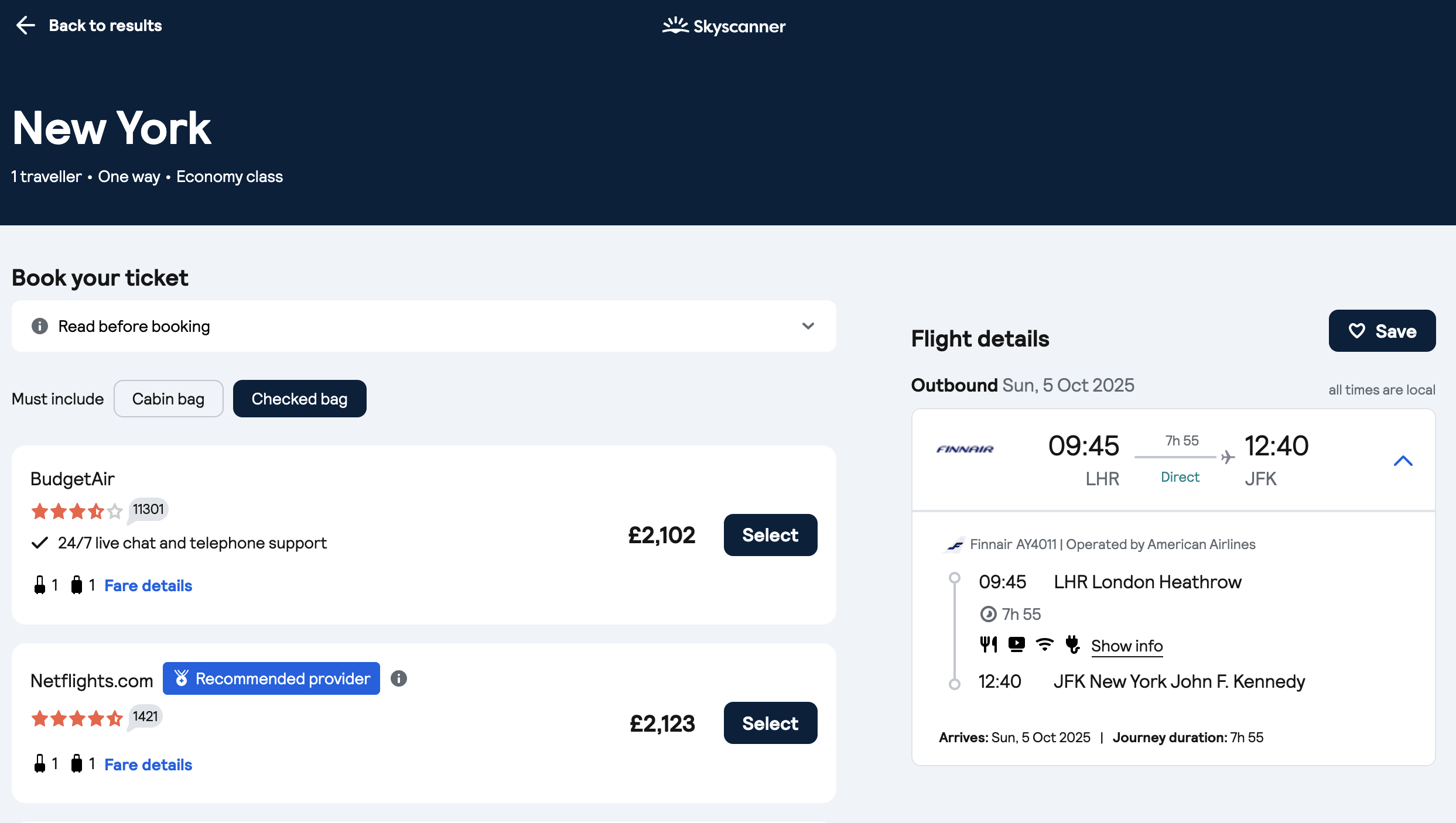 Booking Panel With Filter Selected